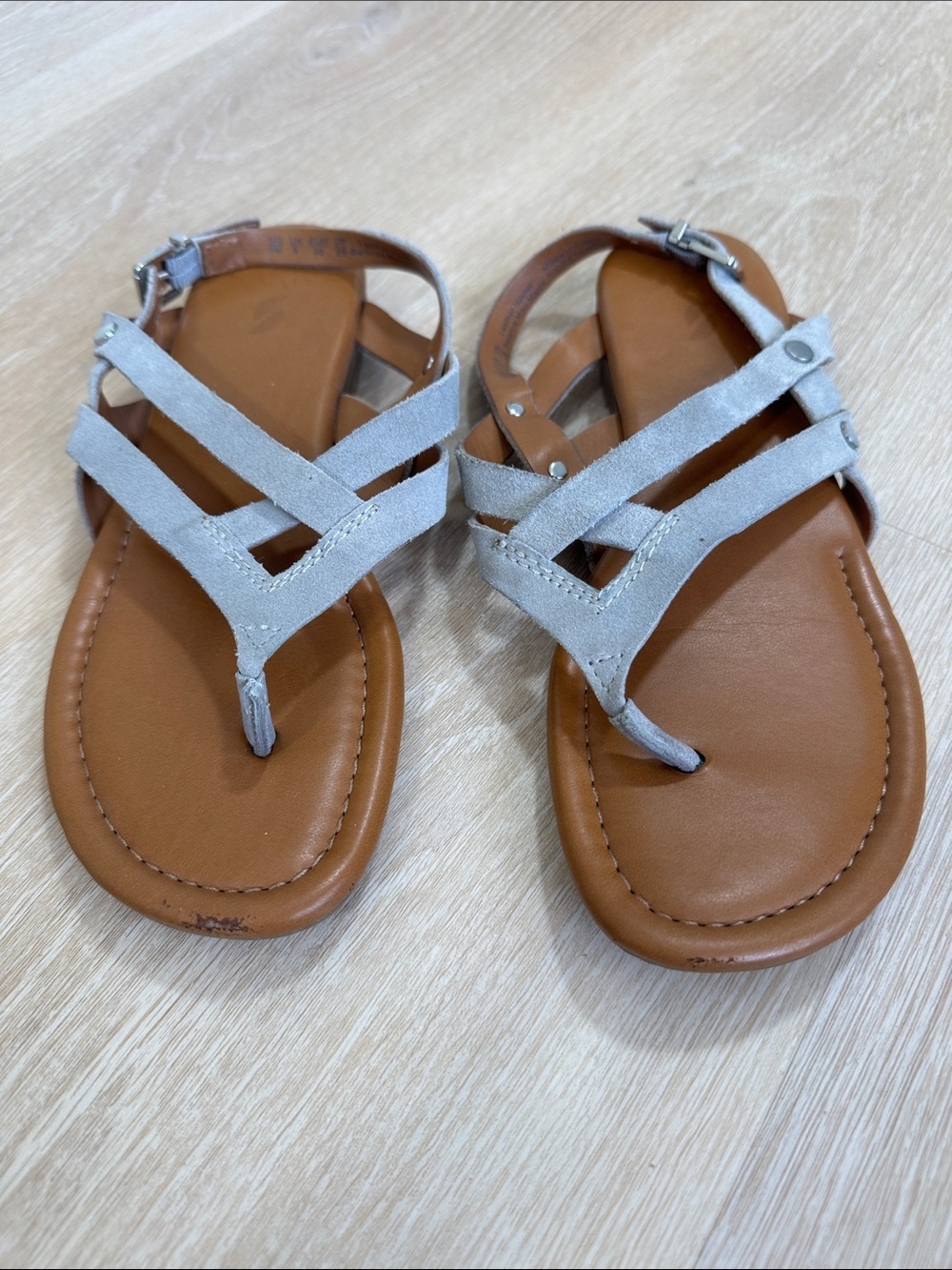 Franco Sarto Tan Footbed Sandals with Light Gray Straps